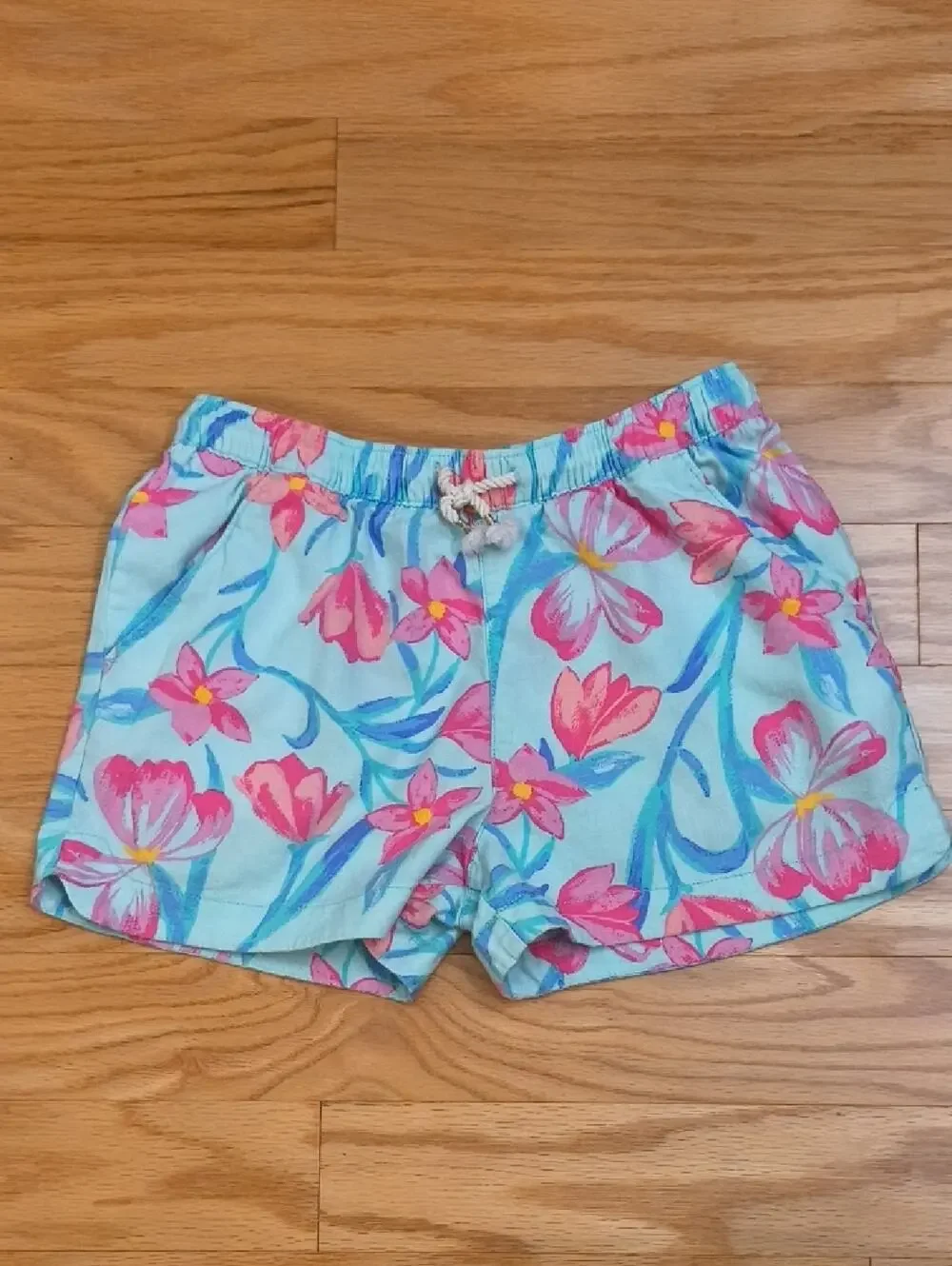 OshKosh B'gosh Aqua & Pink Floral Drawstring Linen Blend Shorts Size 12 GU